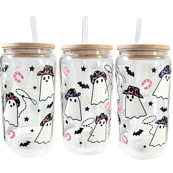 Halloween Cowboy Ghost Handmade Glass Can Cup with Bamboo Lid and Straw - Picture 3 of 6